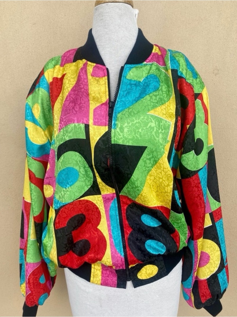 Vtg 90s RAINBOW COLLECTION Colorful Numerals Silky Bomber Jacket M Maximalist
